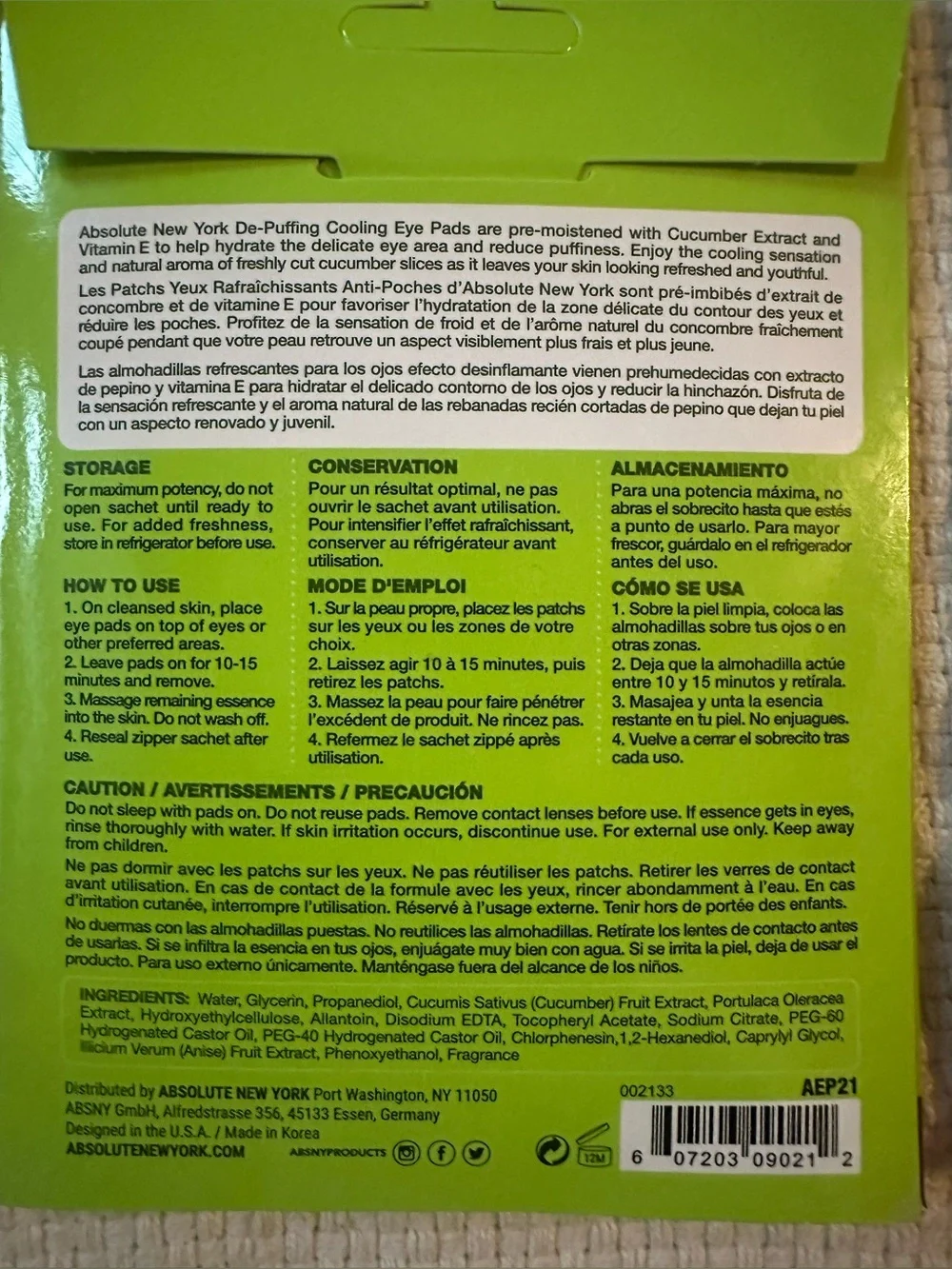 Absolute New York Cooling Eye Pads de-puffing Cucumber & brightening Orange